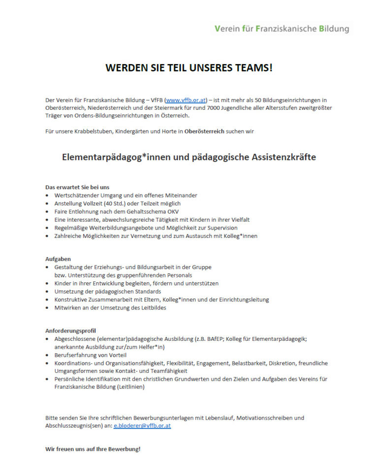 Stellenangebot/Bewerbung - Kindergarten/Krabbelstube Wels