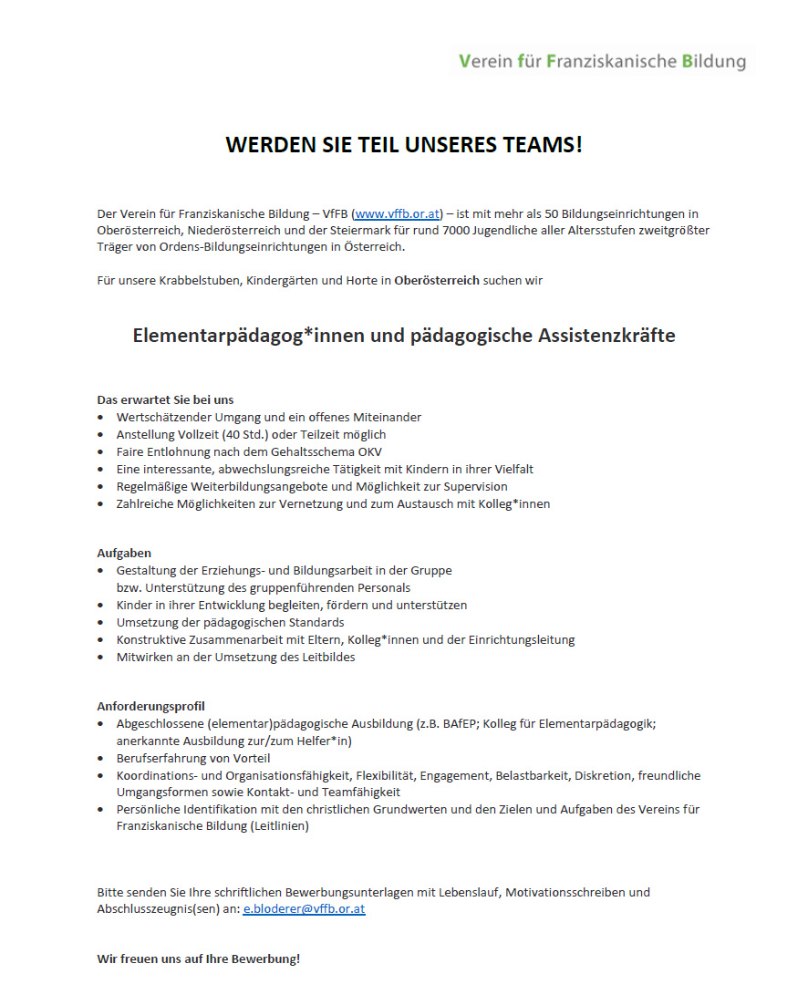 Wels Franziskanerinnen - Stellenabgebot / Bewerbung